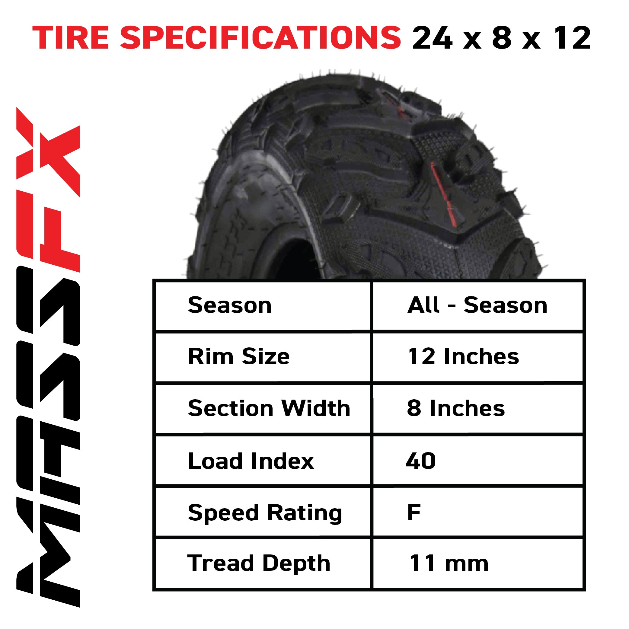 MASSFX Grinder 24x8-12 Front Tire for ATV, UTV, & SxS on Soft/Hard Pack Ground