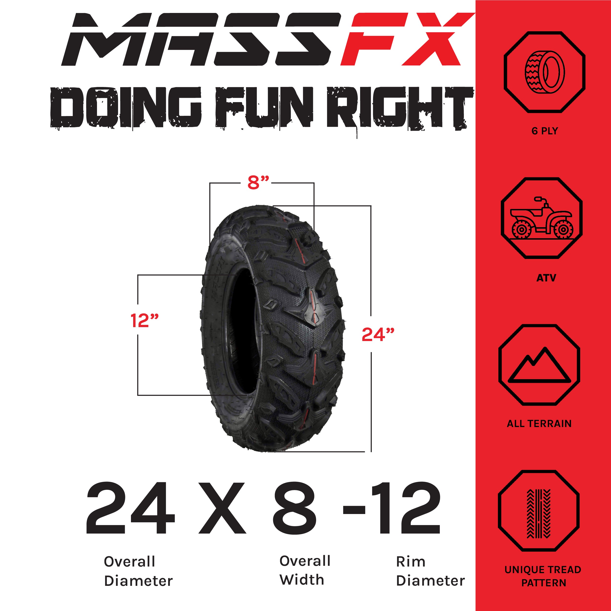 MASSFX Grinder 24x8-12 24x10-11 Front & Rear ATV Tire Set 6 Ply (4 Pack)