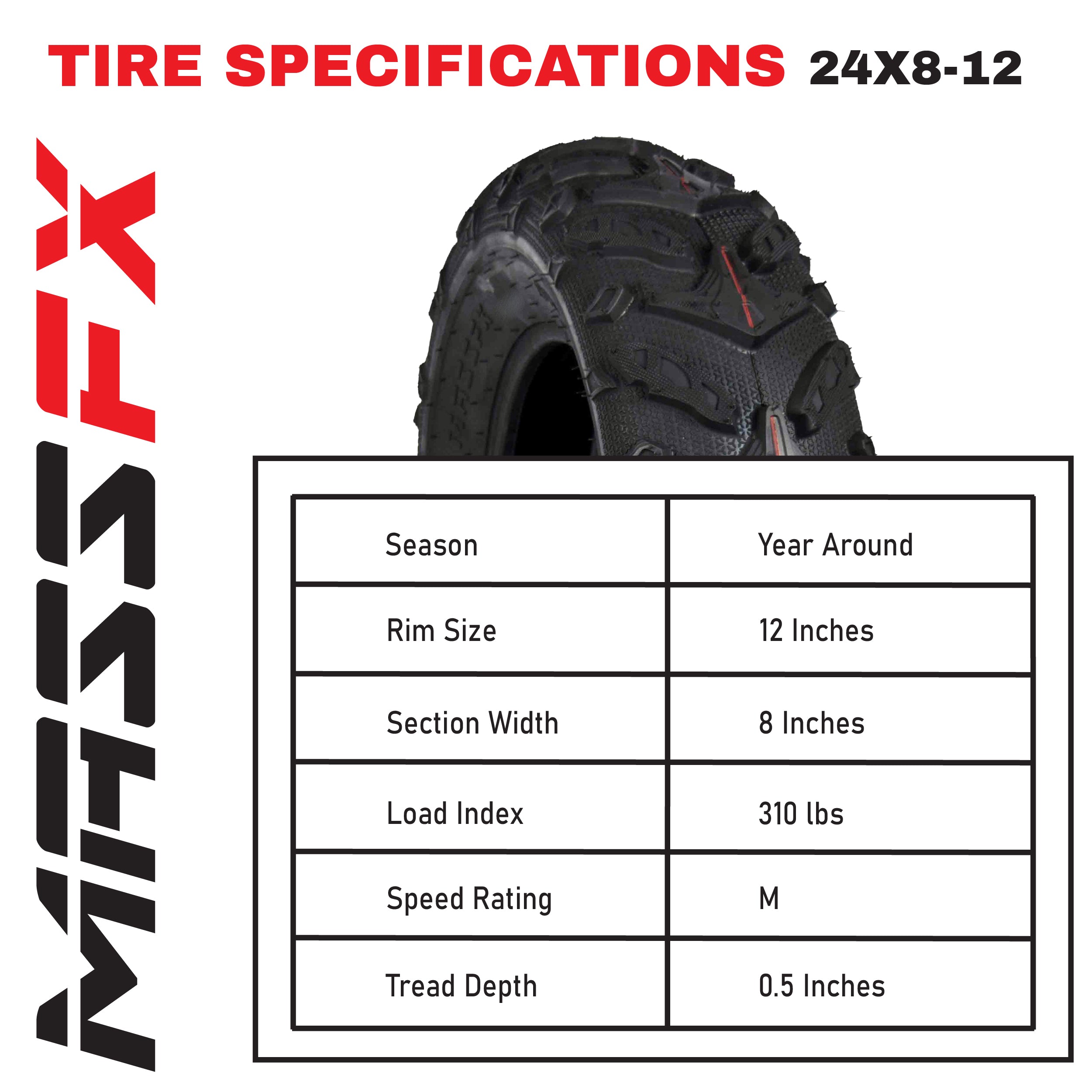 MASSFX Grinder 24x8-12 Front ATV Tire 6 Ply for Soft/Hard Pack Ground (2 Pack)