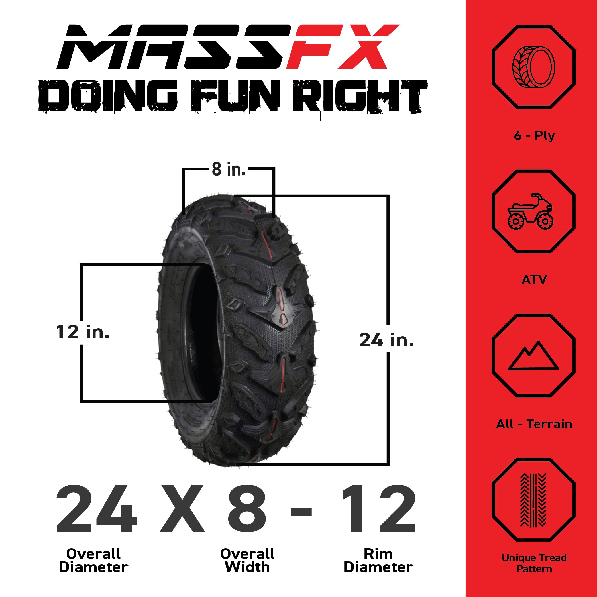 MASSFX Grinder 24x8-12 Front ATV Tire 6 Ply for Soft/Hard Pack Ground (2 Pack)