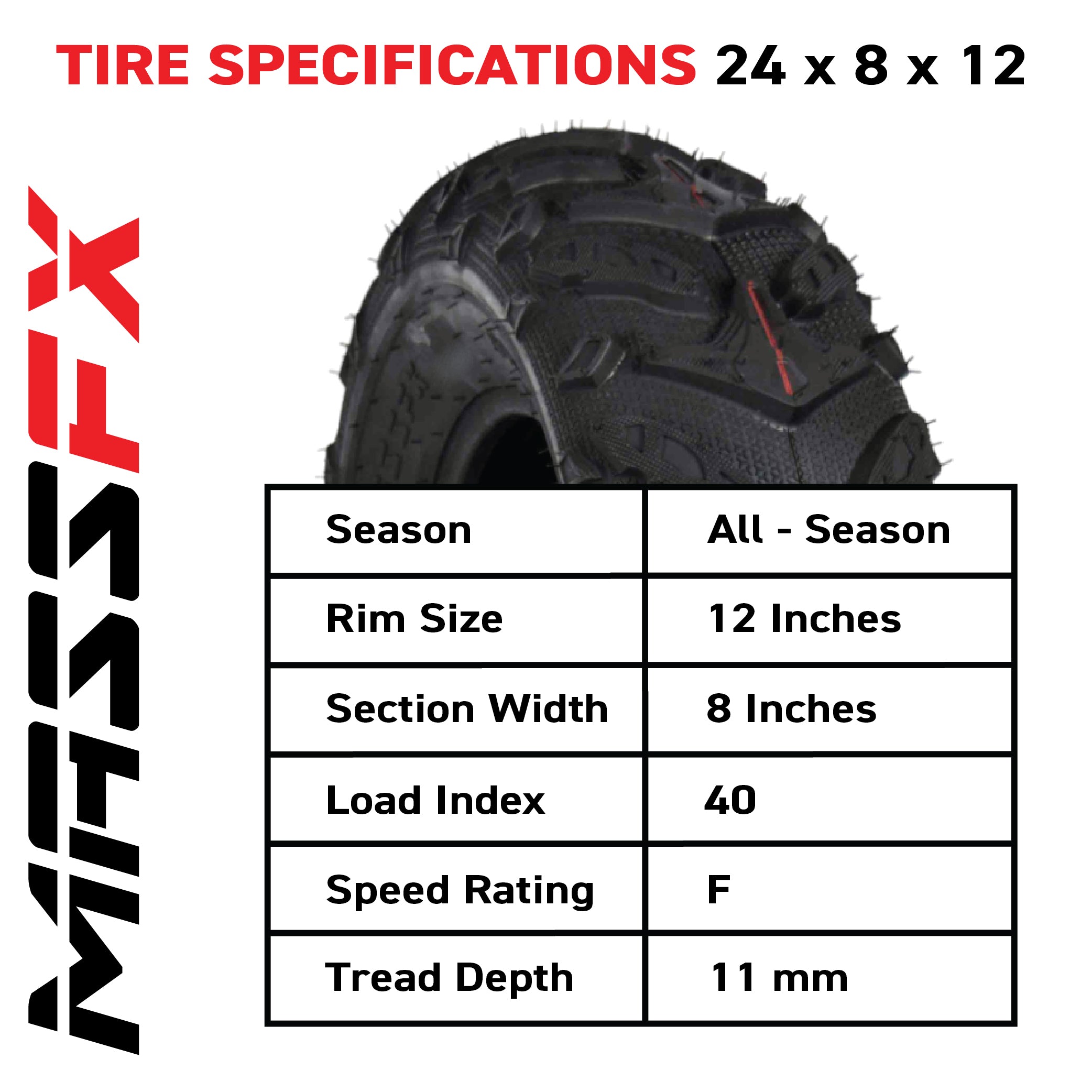 MASSFX Grinder 24x8-12 Front ATV Tire 6 Ply for Soft/Hard Pack Ground (2 Pack)