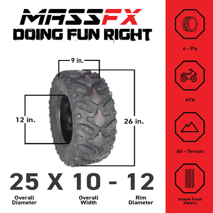 MASSFX Grinder 25x10-12 Rear ATV Tire 6 Ply for Soft/Hard Pack Ground