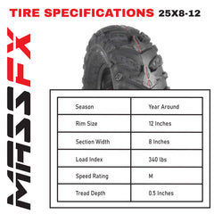 MASSFX Grinder 25x8-12 Front ATV Tire 6 Ply for Soft/Hard Pack Ground