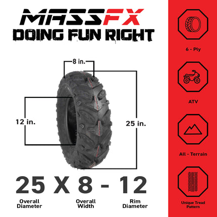 MASSFX Grinder 25x8-12 Front Tire for ATV, UTV, & SxS on Soft/Hard Pack Ground