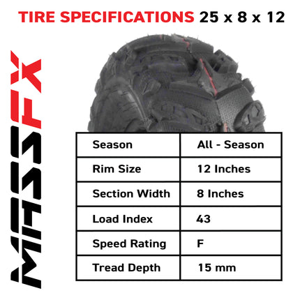MASSFX Grinder 25x8-12 Front ATV Tire 6 Ply for Soft/Hard Pack Ground (2 Pack)