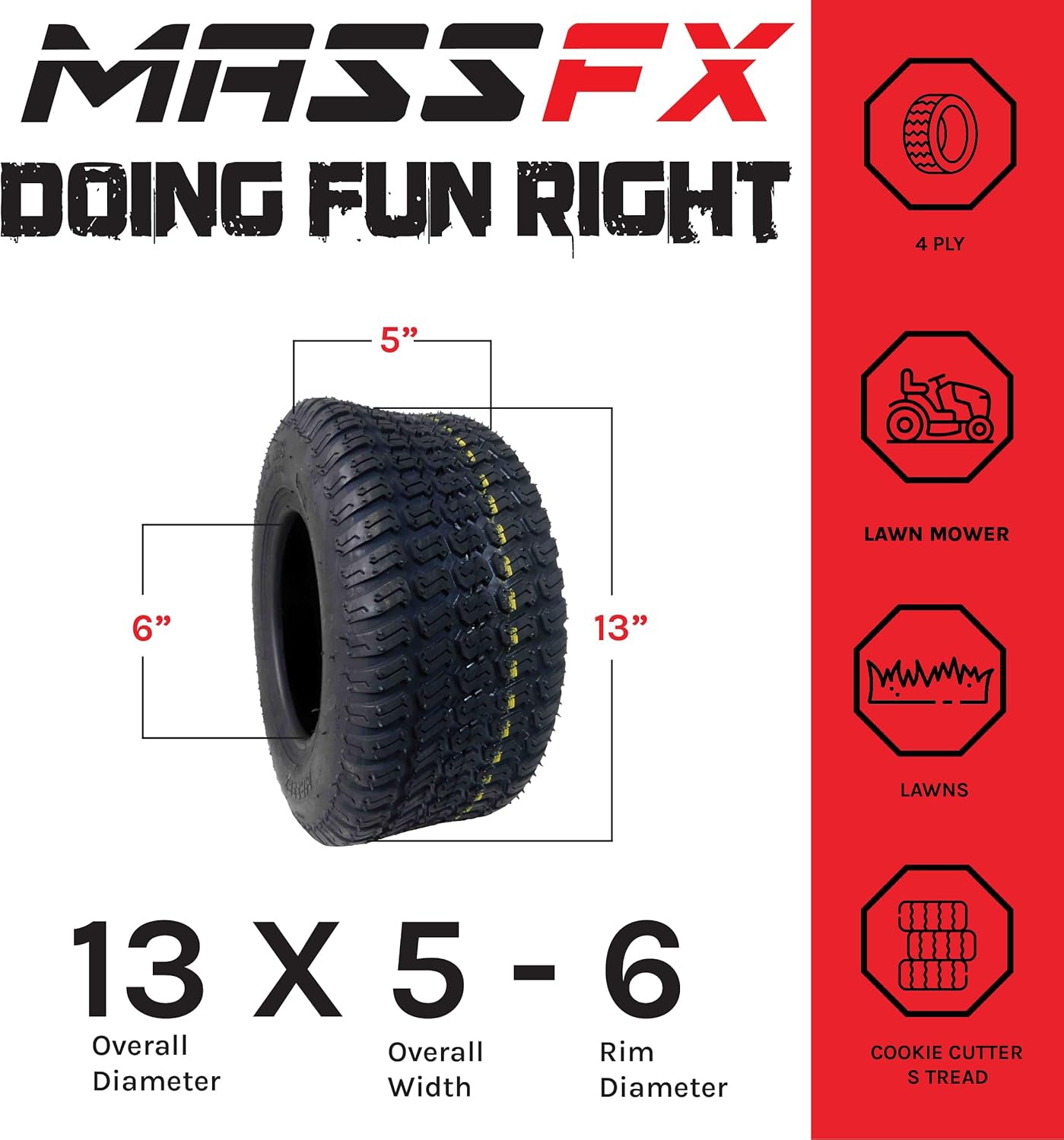 MASSFX 13x5-6 Lawn Mower Tires 4ply 4-Pack