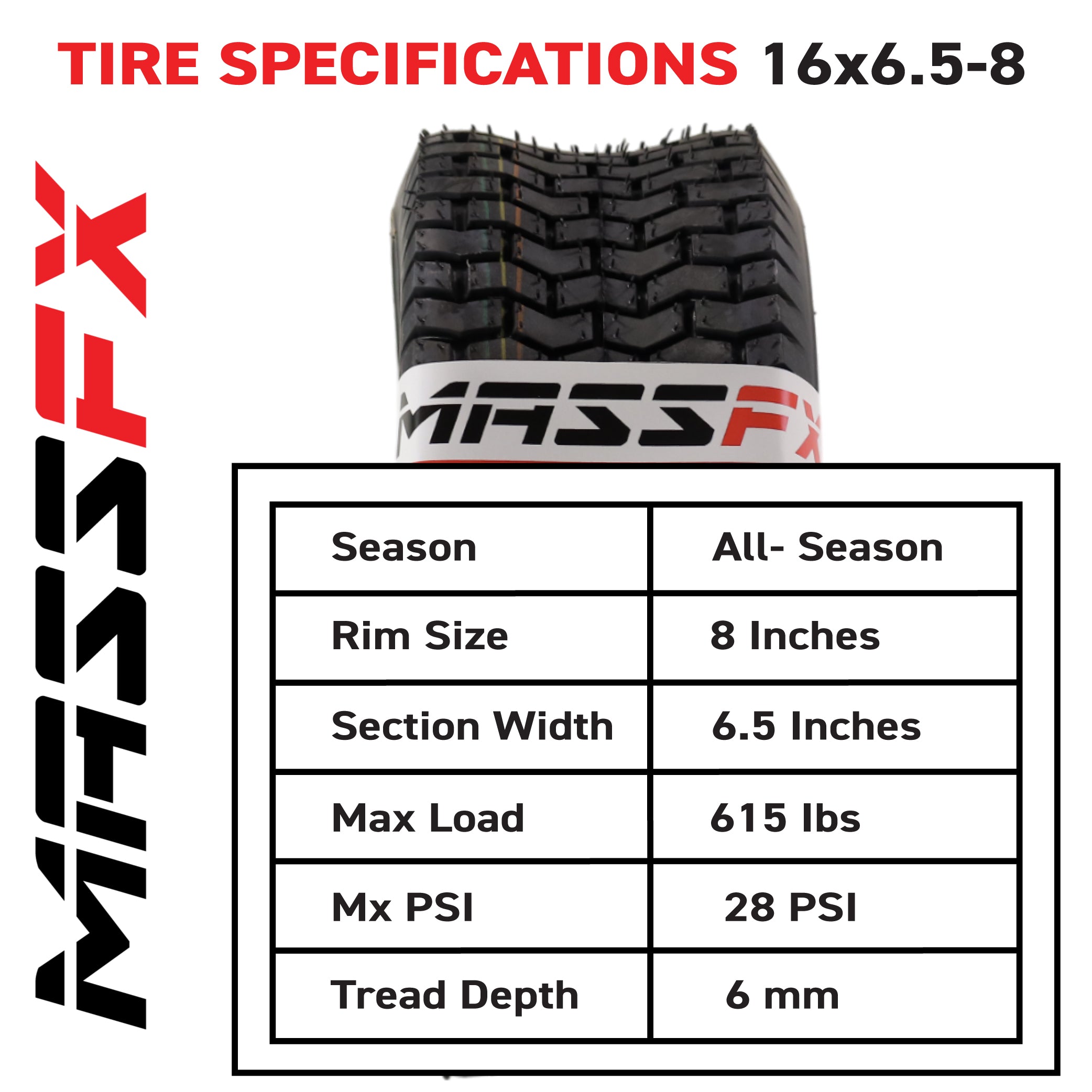 MASSFX 16x6.5-8 Go-Kart Tires 4ply 2 Pack