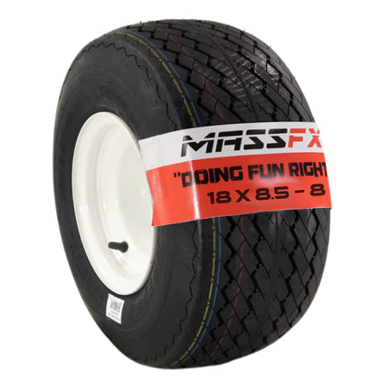 MASSFX 18x8.50-8 front or rear Turf Tire with rim for outdoor power equipment and lawn mowers, 4-Ply with rectangular tread for excellent traction and easy cleaning, Non-highway use only