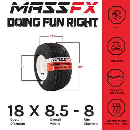 MASSFX 18x8.50-8 front or rear Turf Tire with rim for outdoor power equipment and lawn mowers, 4-Ply with rectangular tread for excellent traction and easy cleaning, Non-highway use only