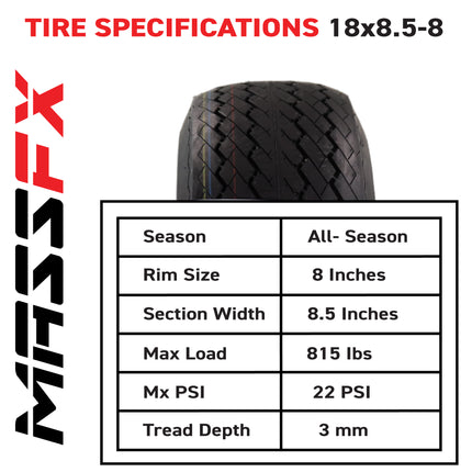 MASSFX 18x8.50-8 front or rear Turf Tire with rim for outdoor power equipment and lawn mowers, 4-Ply with rectangular tread for excellent traction and easy cleaning, Non-highway use only