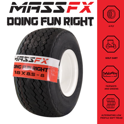 MASSFX 18x8.50-8 front or rear Turf Tire with rim for outdoor power equipment and lawn mowers, 4-Ply with rectangular tread for excellent traction and easy cleaning, Non-highway use only