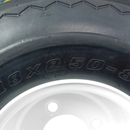 MASSFX 18x8.50-8 front or rear Turf Tire with rim for outdoor power equipment and lawn mowers, 4-Ply with rectangular tread for excellent traction and easy cleaning, Non-highway use only