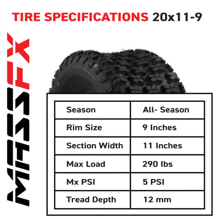 MASSFX  20x11-9 Rear Tire for Sport Quad All-Terrain (ATV), Utility-Task (UTV), and Side-by-Side (SxS) Vehicles - 4-Ply with 12mm Tread Depth 20x11x9