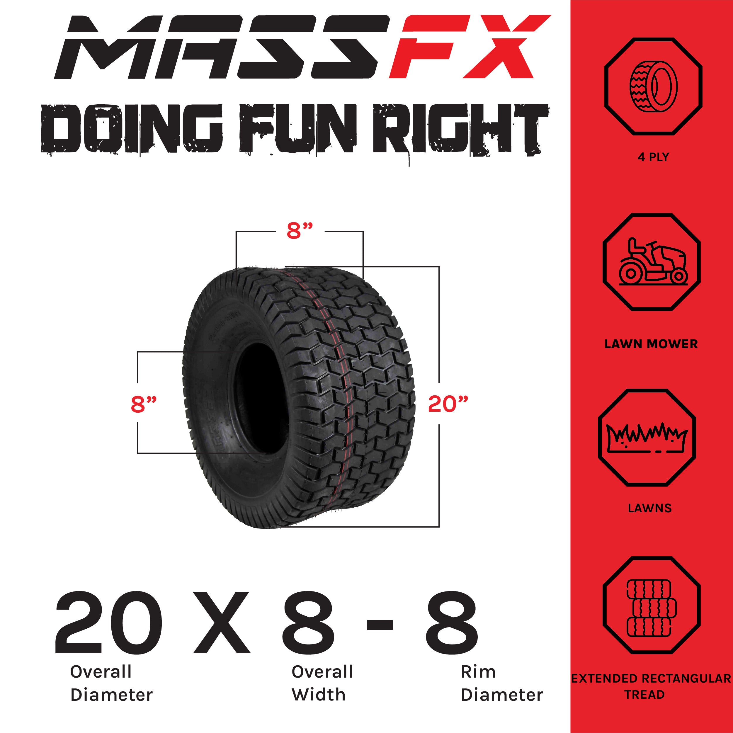 MASSFX 20x8-8 Lawn Mower Tire 20x8 Tractor Mower Single Tire 20x8x8 Lawn & Garden