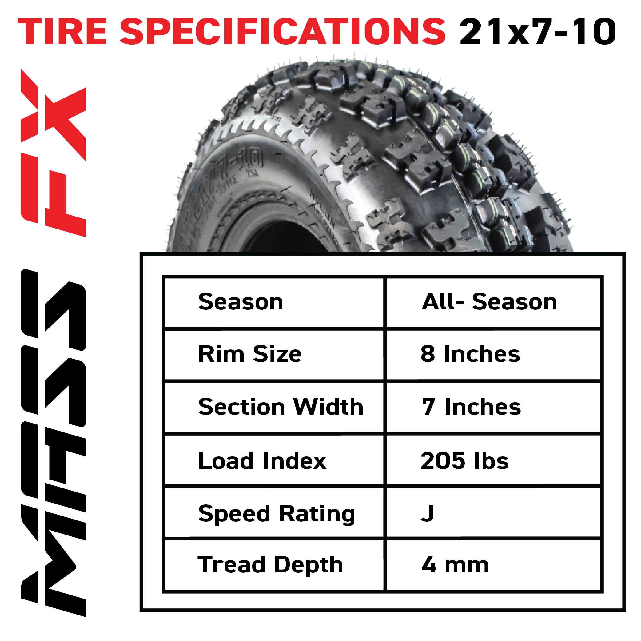 MASSFX 21x7-10 Front Tire Set for ATV, UTV, & SxS-4-Ply w/ 15mm Tread Depth-2pk