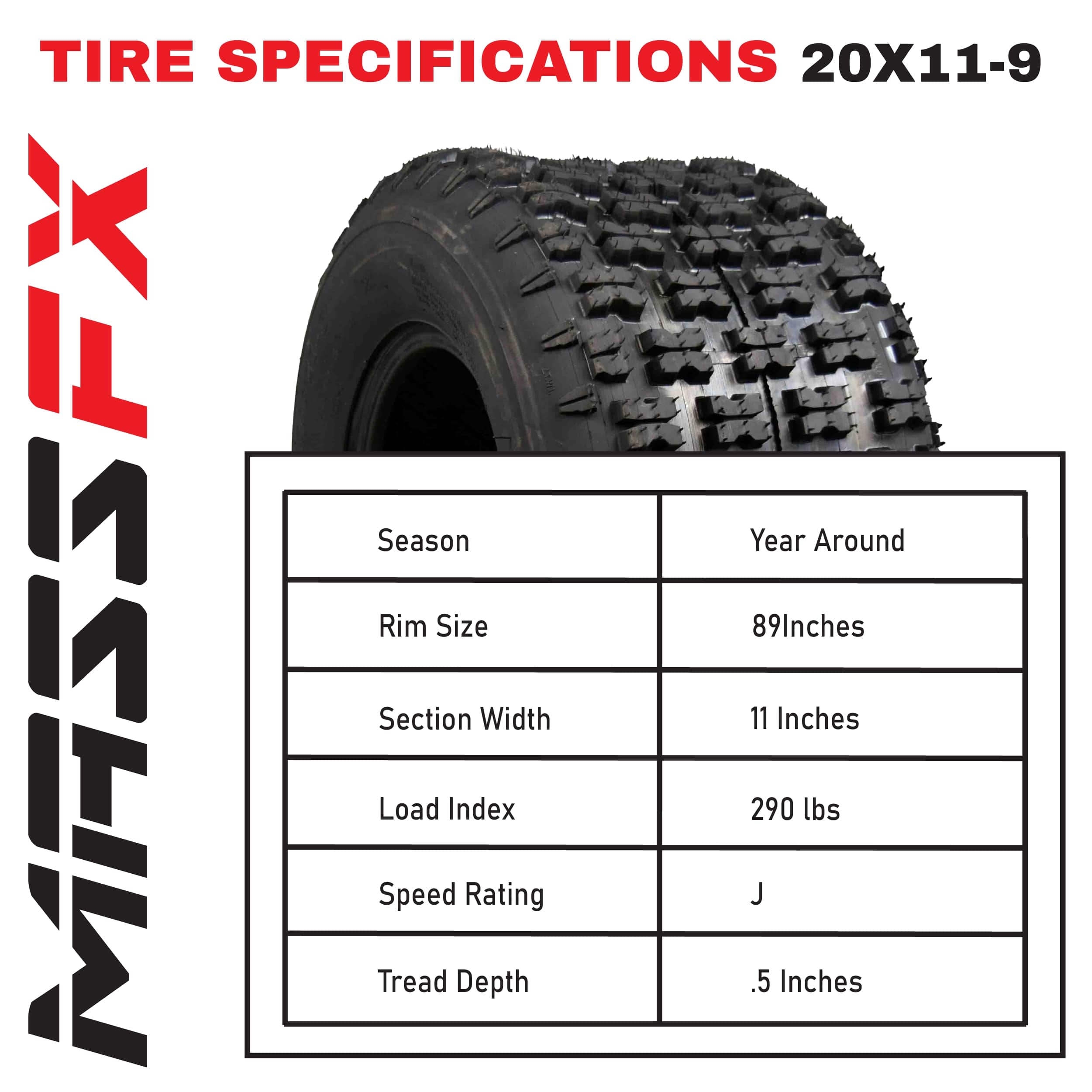 MASSFX 21x7-10 Front (2) & 20x11-9 Rear (2) Tires for ATV, UTV, & SxS (4-pk)