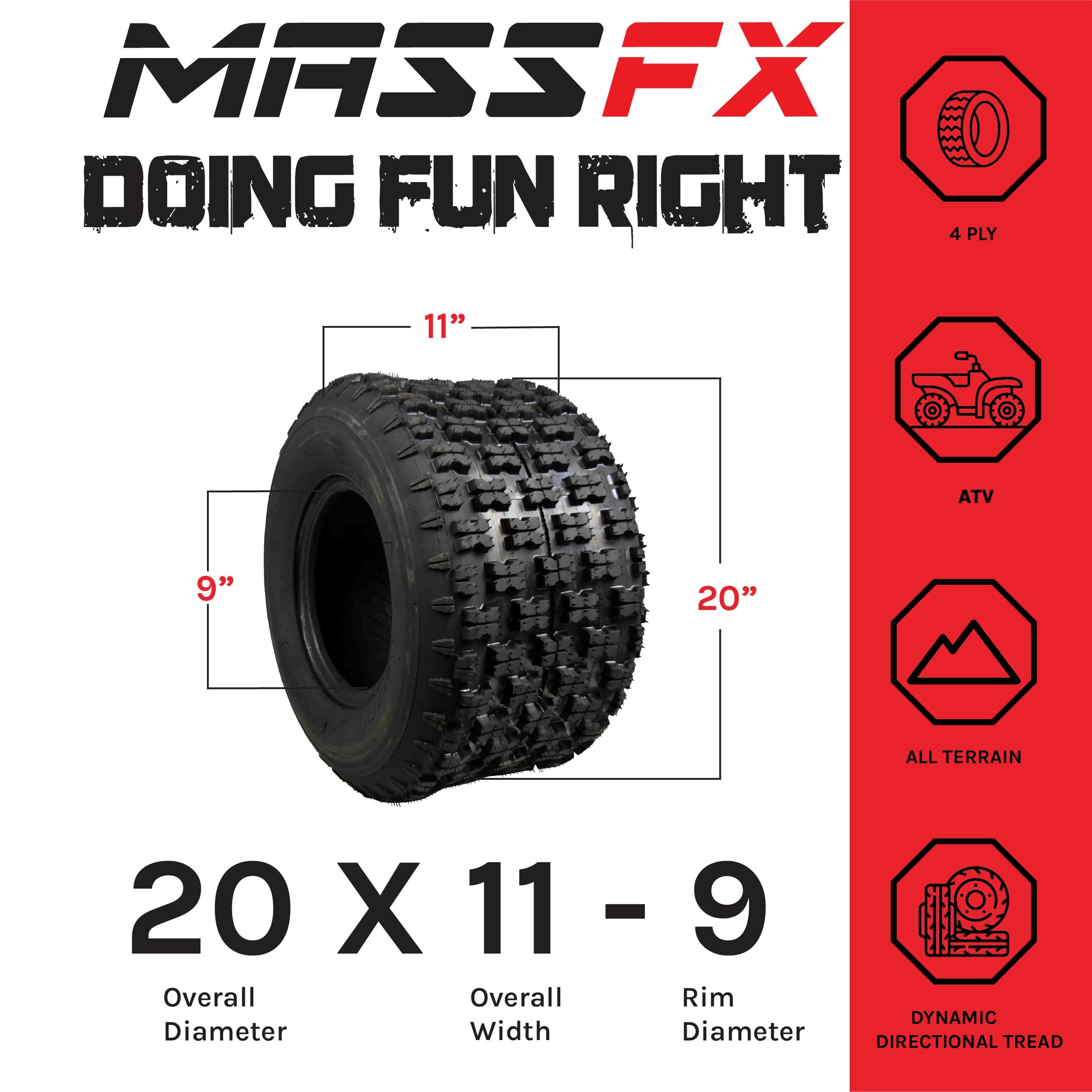 MASSFX 21x7-10 Front (2) & 20x11-9 Rear (2) Tires for ATV, UTV, & SxS (4-pk)