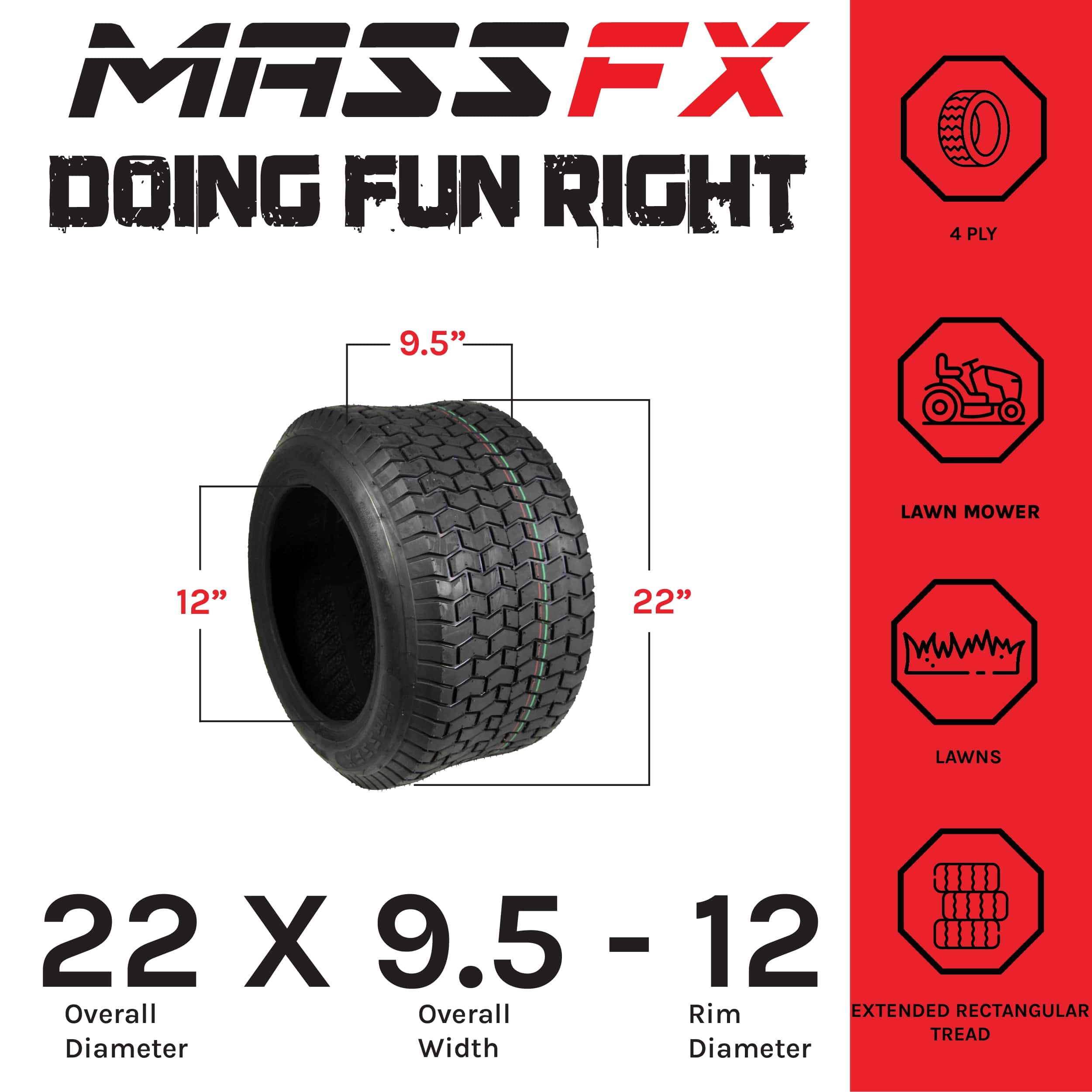 MASSFX 22x9.5-12 Lawn Mower Tire 22x9.5 Tractor Mower Single Tire 22x9.5x12