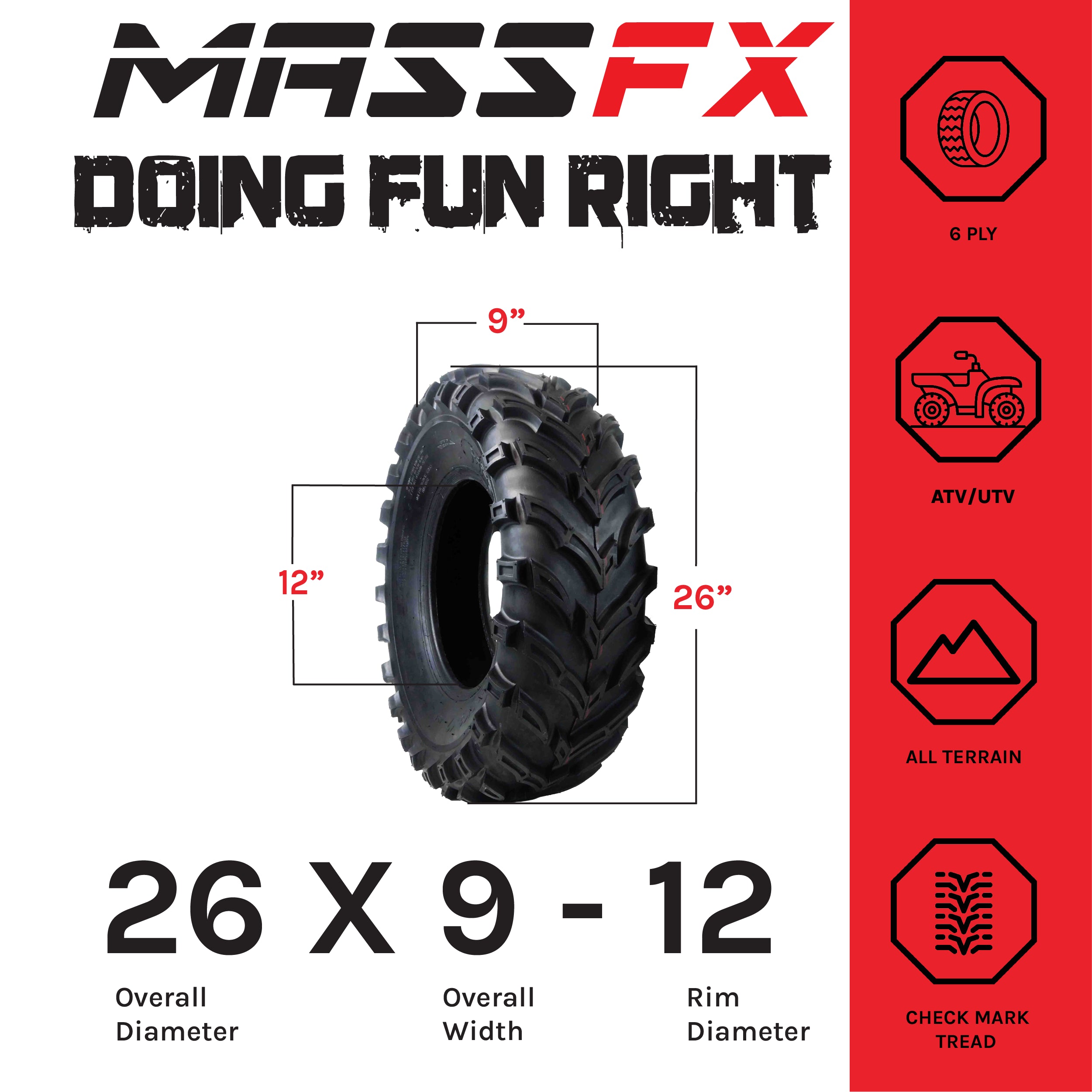 MASSFX ATV MS Tire 4 set 26x9-12 Front 26x11-12 Rear 6Ply