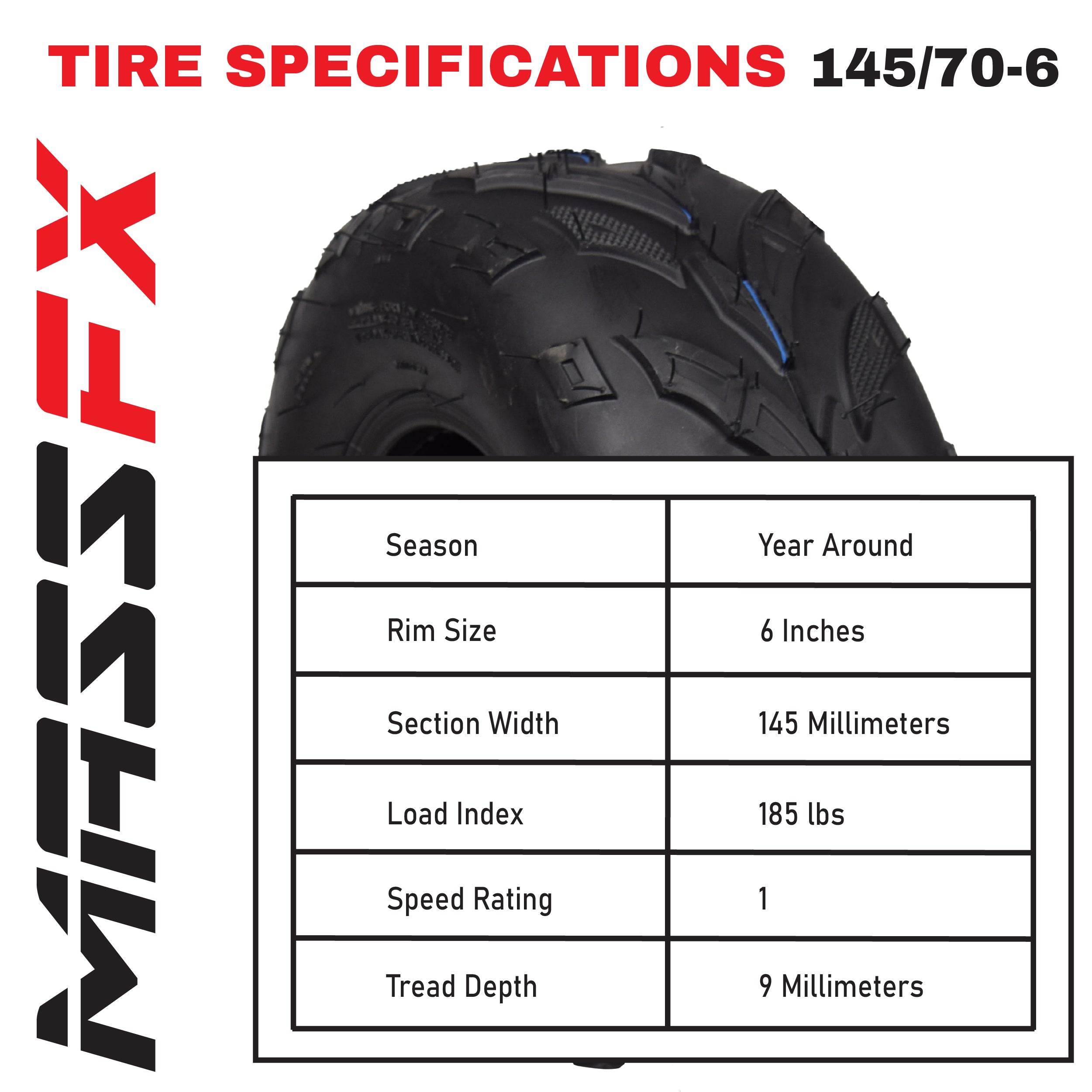 MASSFX 145/70-6 Tire 6 Ply Go-Kart, Mini Bike, ATV, Lawn Tire