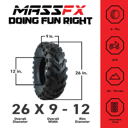 MASSFX 26x9-12 Front Tire for ATV, UTV, and SxS - 6-Ply with 1/2" Tread Depth