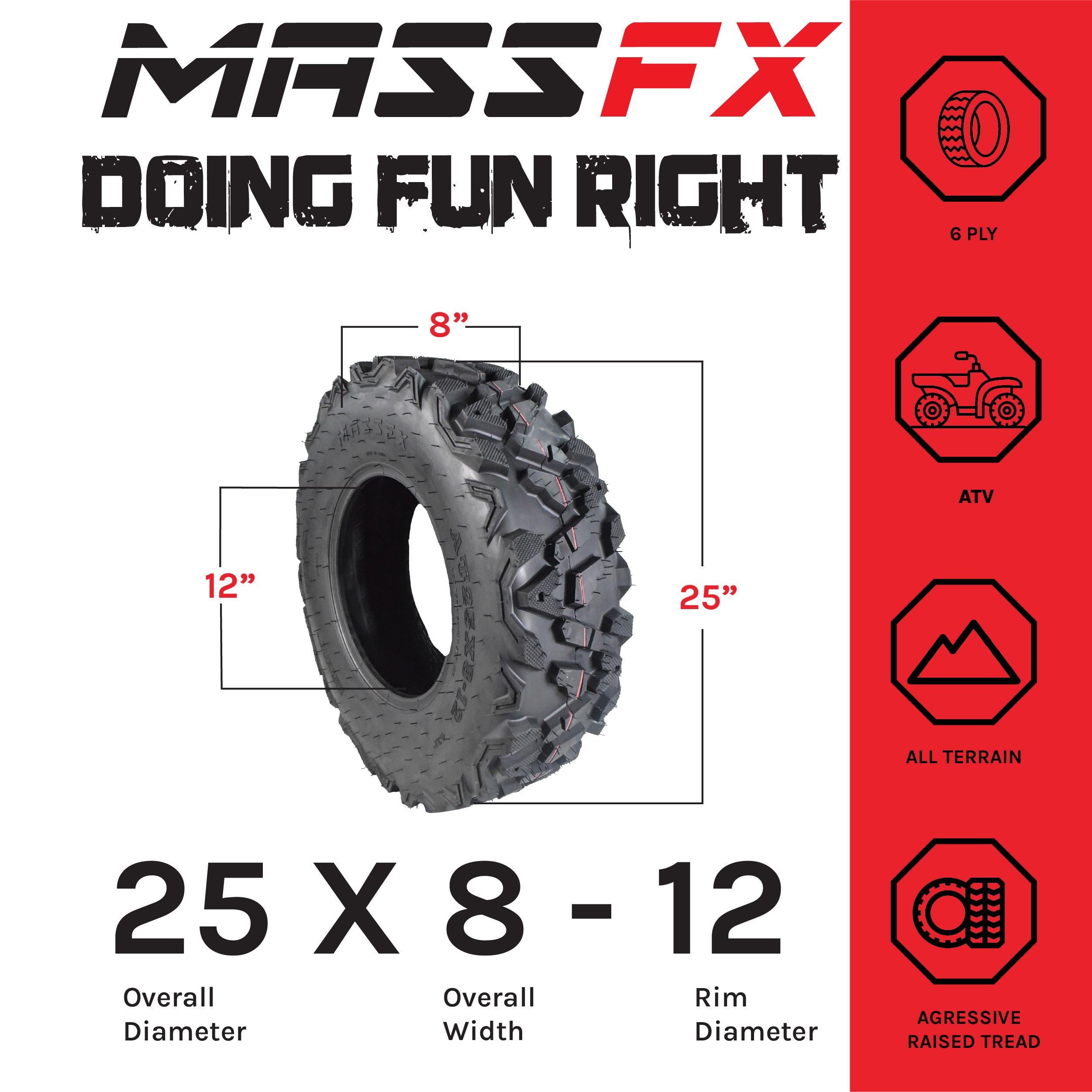 MASSFX 25x8-12 Front & 25x10-12 Rear Tire for ATV, UTV, SXS Vehicles (4pk)