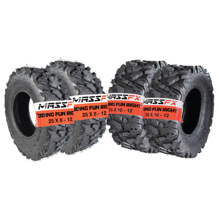 MASSFX 25x8-12 Front & 25x10-12 Rear Tire for ATV, UTV, SXS Vehicles (4pk)