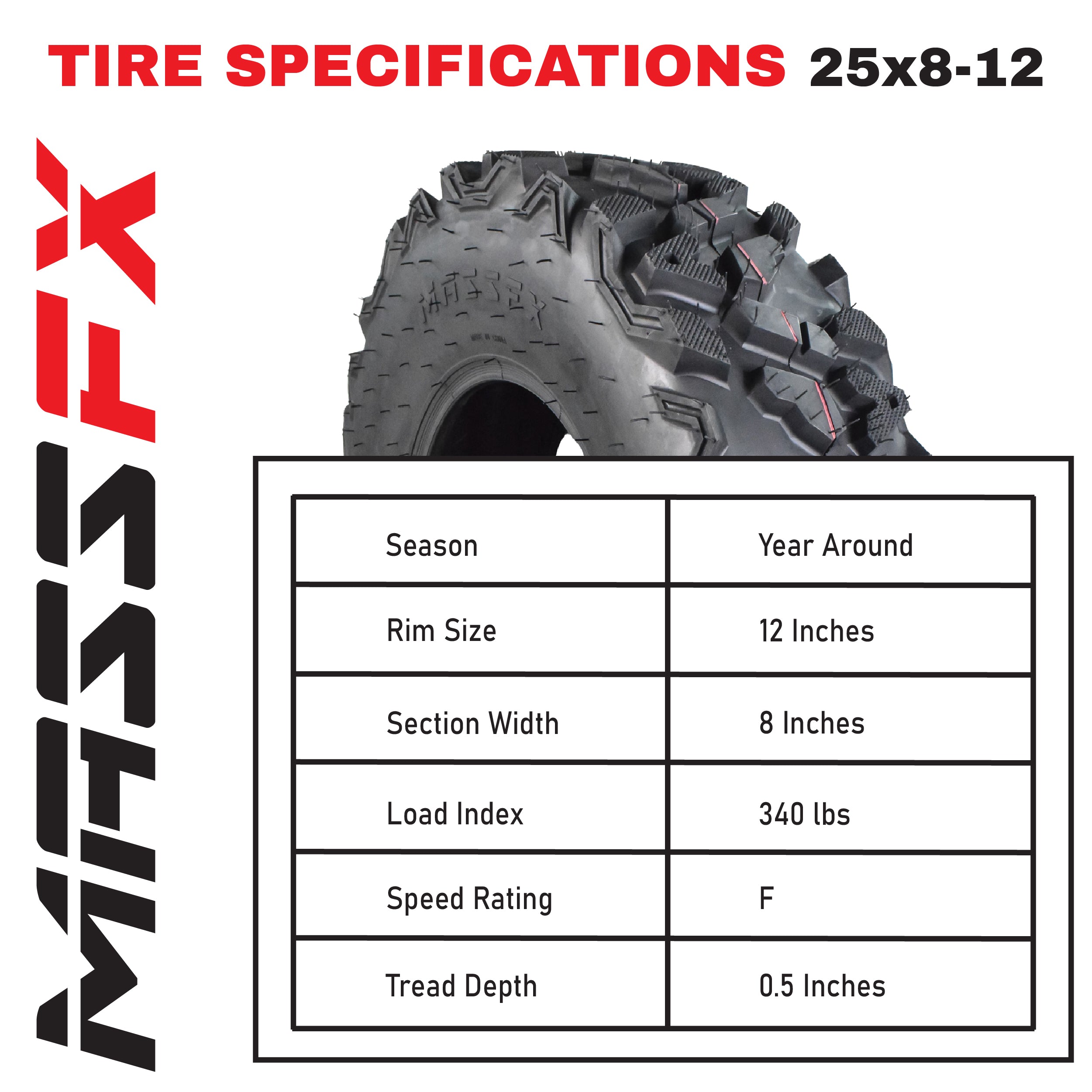 MASSFX 25x8-12 Front & 25x10-12 Rear Tire for ATV, UTV, SXS Vehicles (4pk)