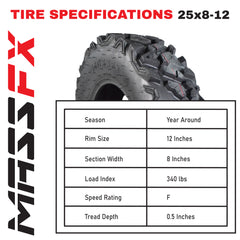 MASSFX 25x8-12 Front & 25x10-12 Rear Tire for ATV, UTV, SXS Vehicles (4pk)