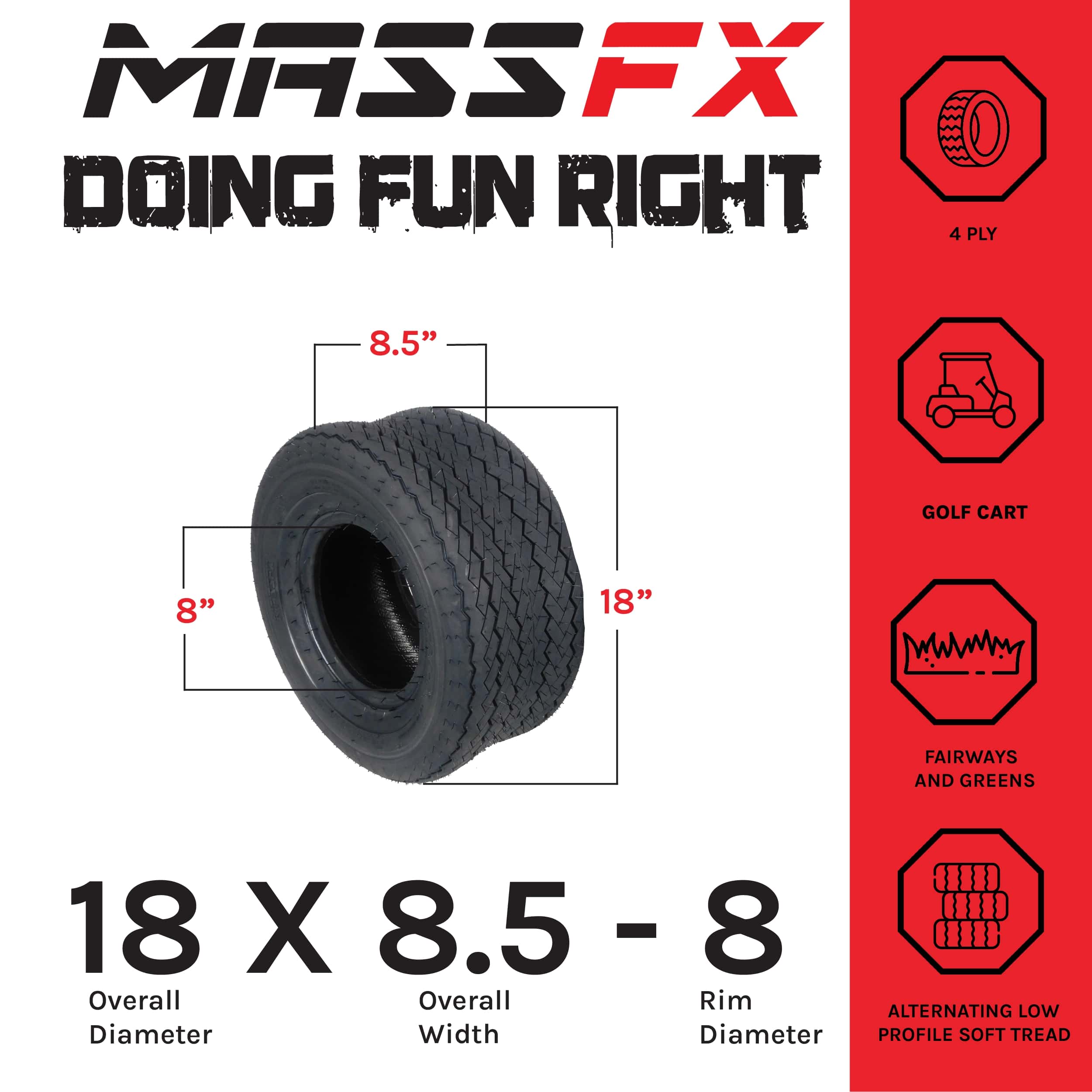 MASSFX SL18858 4 PLY Golf Cart Turf Tire 18x8.5-8, Single Tire