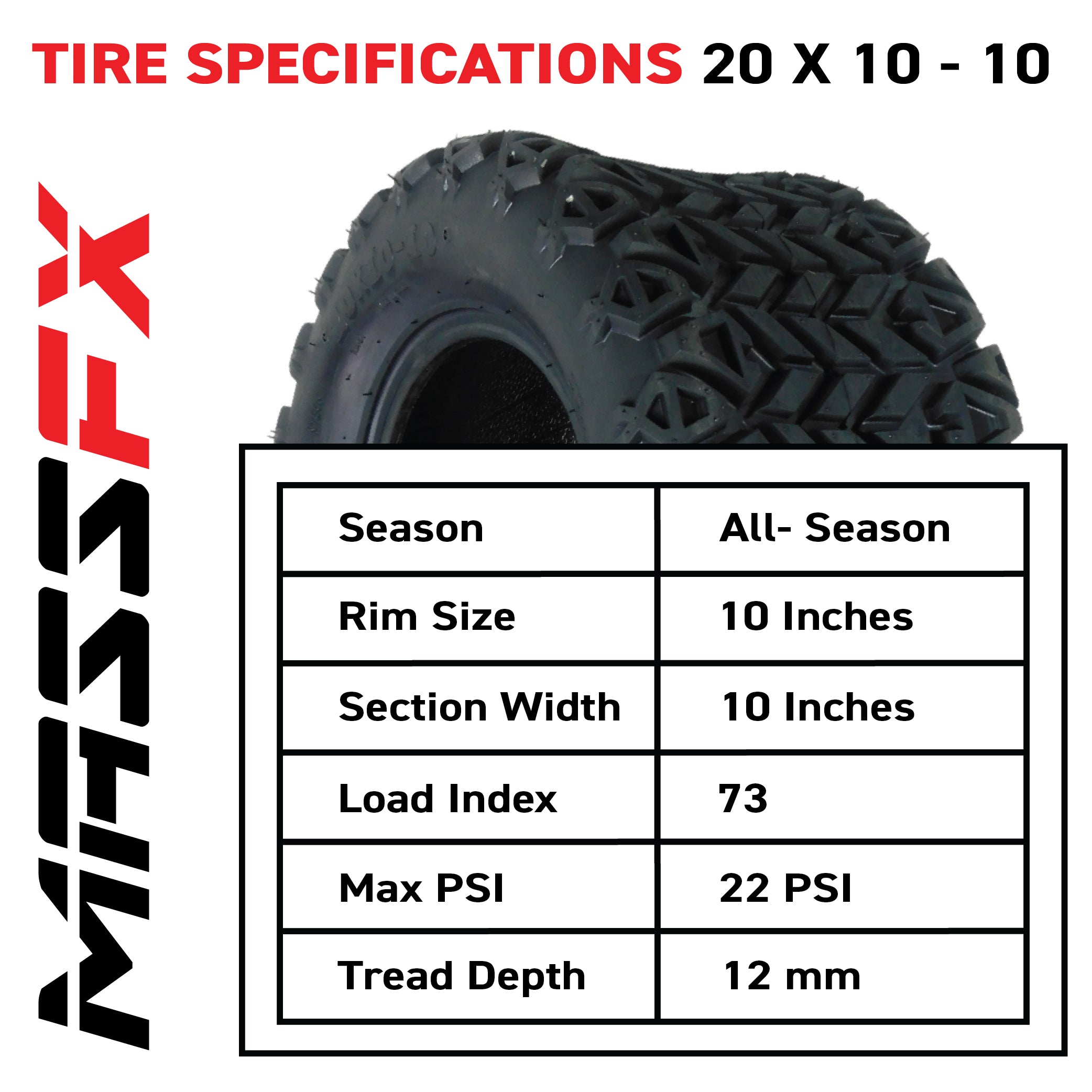 MASSFX SL 20x10-10 Front/Rear Golf Cart, Lawn & Garden Tire 4 PLY - (1) Tire
