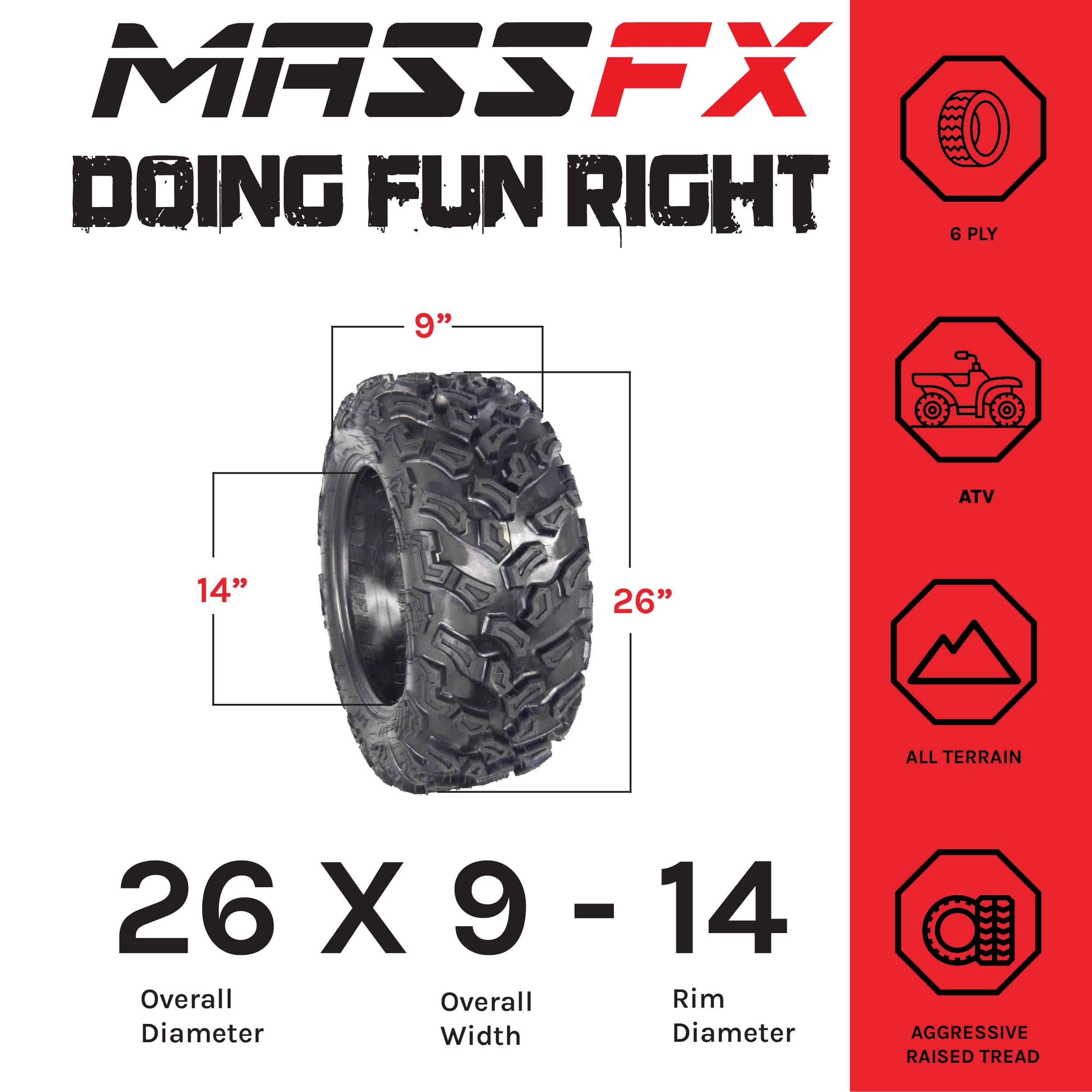 MASSFX ATV TIRE 26X9-14 Front ATV Tires Dual Compound 6Ply 26X9x14