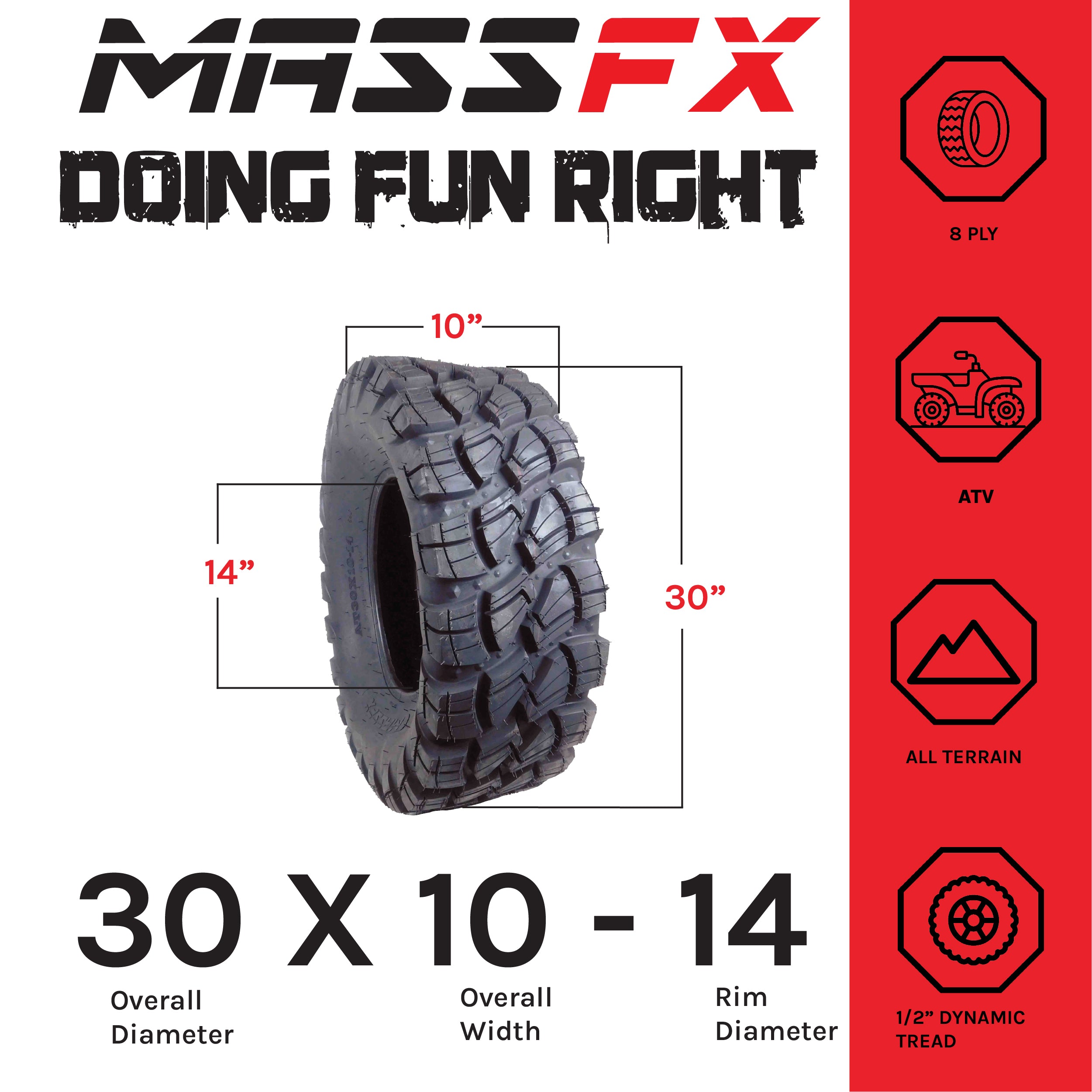 MASSFX VY 30x10-14 Font or Rear ATV, UTV and SXS Tires 8 ply - (2 Pack)