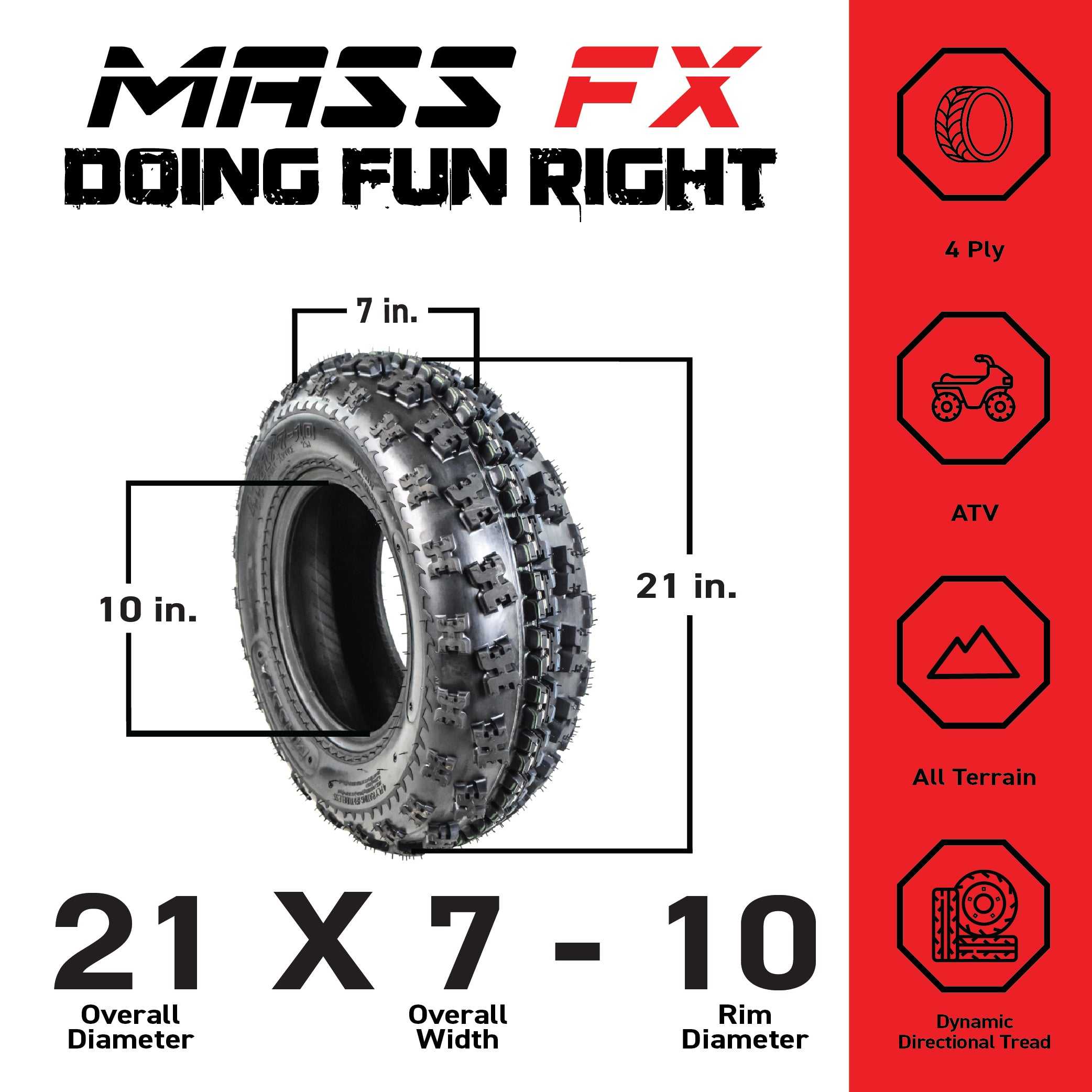 MASSFX 21x7-10 Front Tire Set for ATV, UTV, & SxS-4-Ply w/ 15mm Tread Depth-2pk