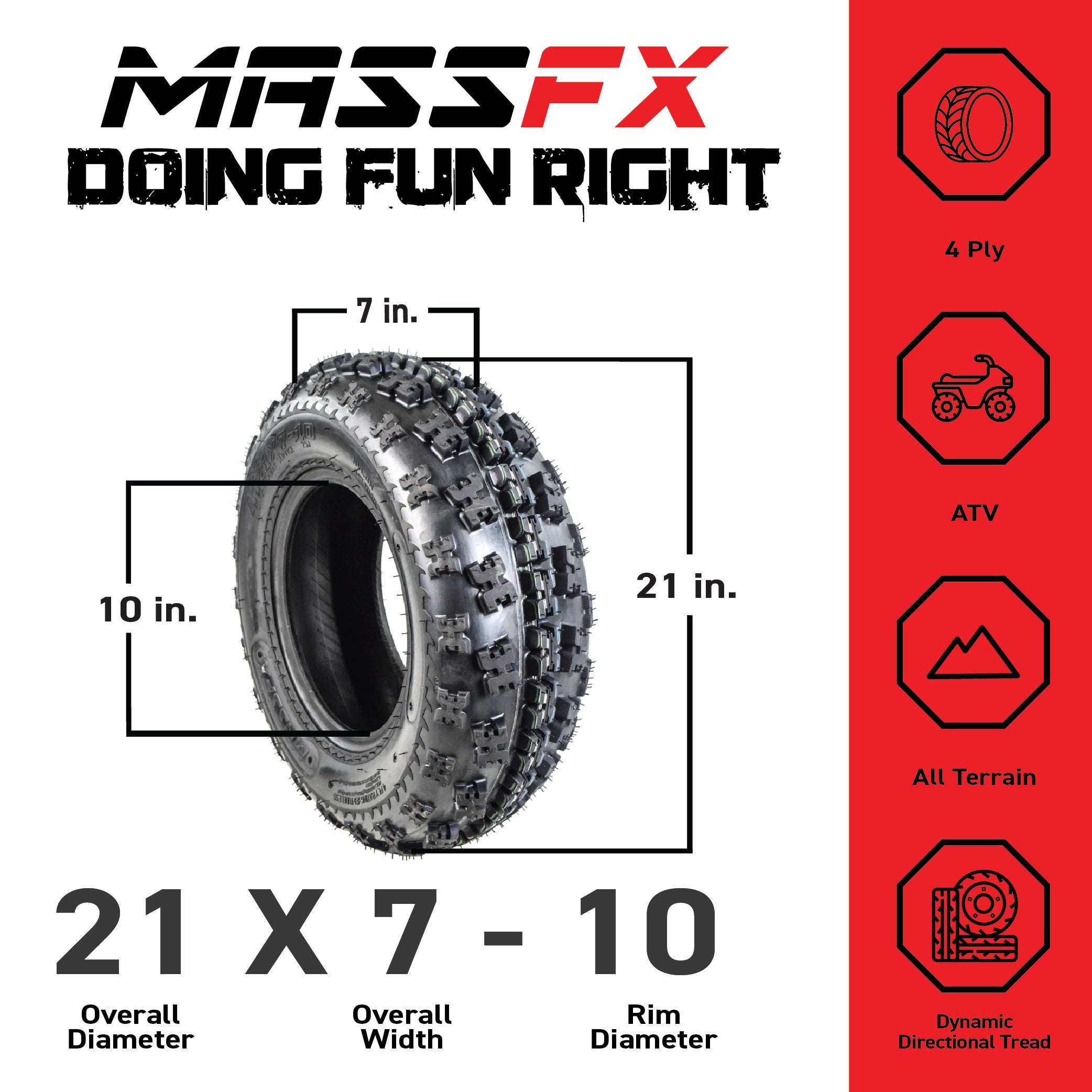 MASSFX 21x7-10 Front Tire Set for ATV, UTV, & SxS-4-Ply w/ 15mm Tread Depth-2pk