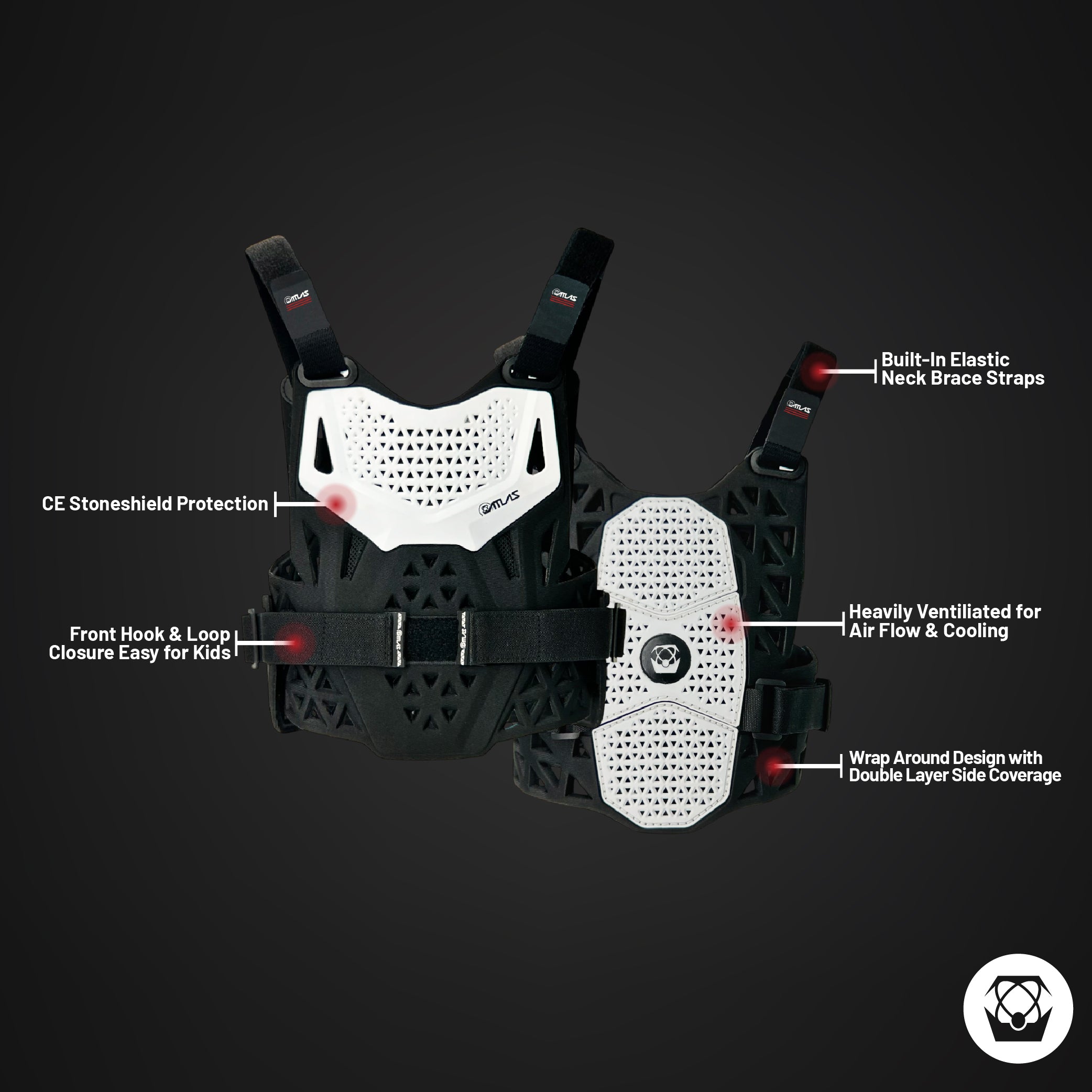 Atlas Charger PeeWee White -A1010-00-000 CE Certified Compatible Chest Protector with Wrap-Around Design for Young Riders in Motocross, BMX, and Extreme Sports