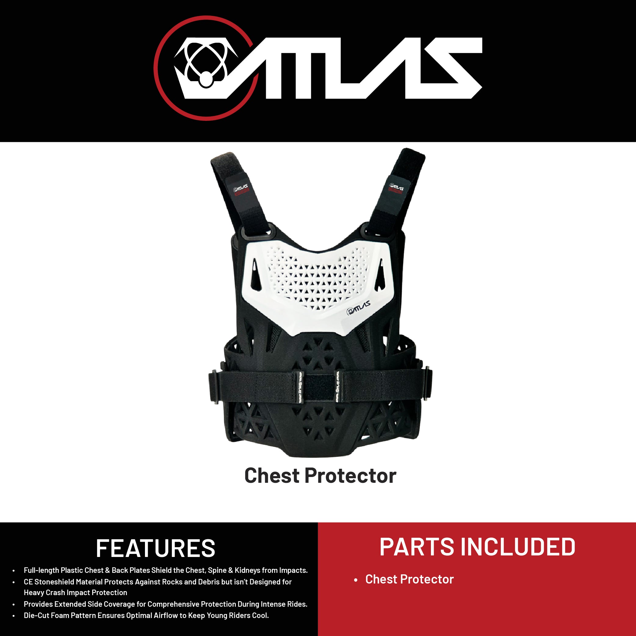Atlas Charger PeeWee White -A1010-00-000 CE Certified Compatible Chest Protector with Wrap-Around Design for Young Riders in Motocross, BMX, and Extreme Sports