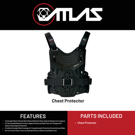 Atlas Charger PeeWee Black Chest Protector –A1010-01-000 CE Certified PeeWee Motocross Armor, Lightweight Upper Body Protection, Dirt Bike and BMX gear for young riders.