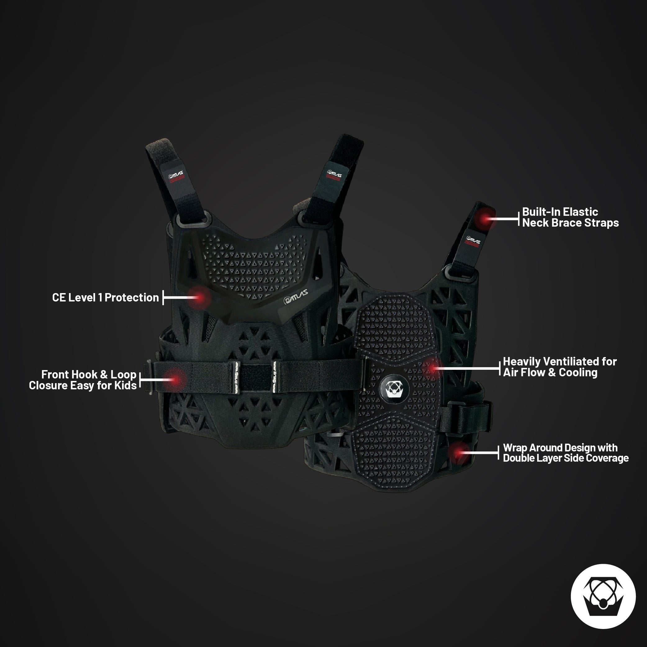 Atlas Charger PeeWee Black - A1011-01-000 CE Level 1 Certified Chest Protector with Wrap-Around Design for Young Riders in Motocross, BMX, and Extreme Sports