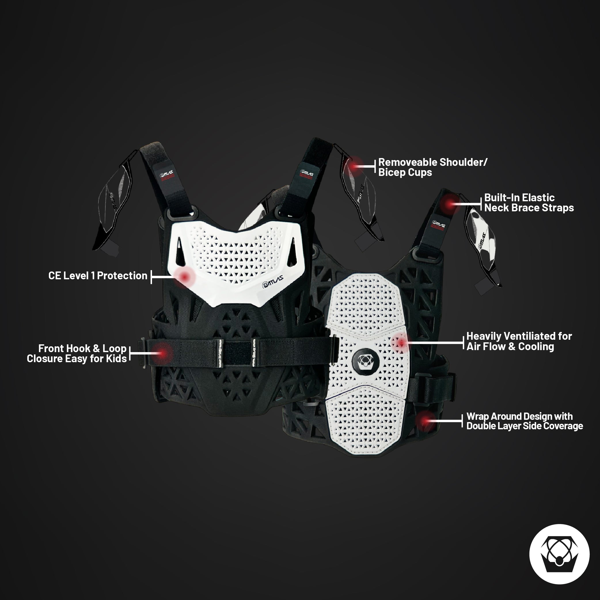 Atlas Charger PeeWee White A1021-00-000 Chest Protector w/ Shoulder Coverage Motocross – CE Level 1 Certified Protection Gear, Lightweight, Upper Body Armor for Youth BMX Riders
