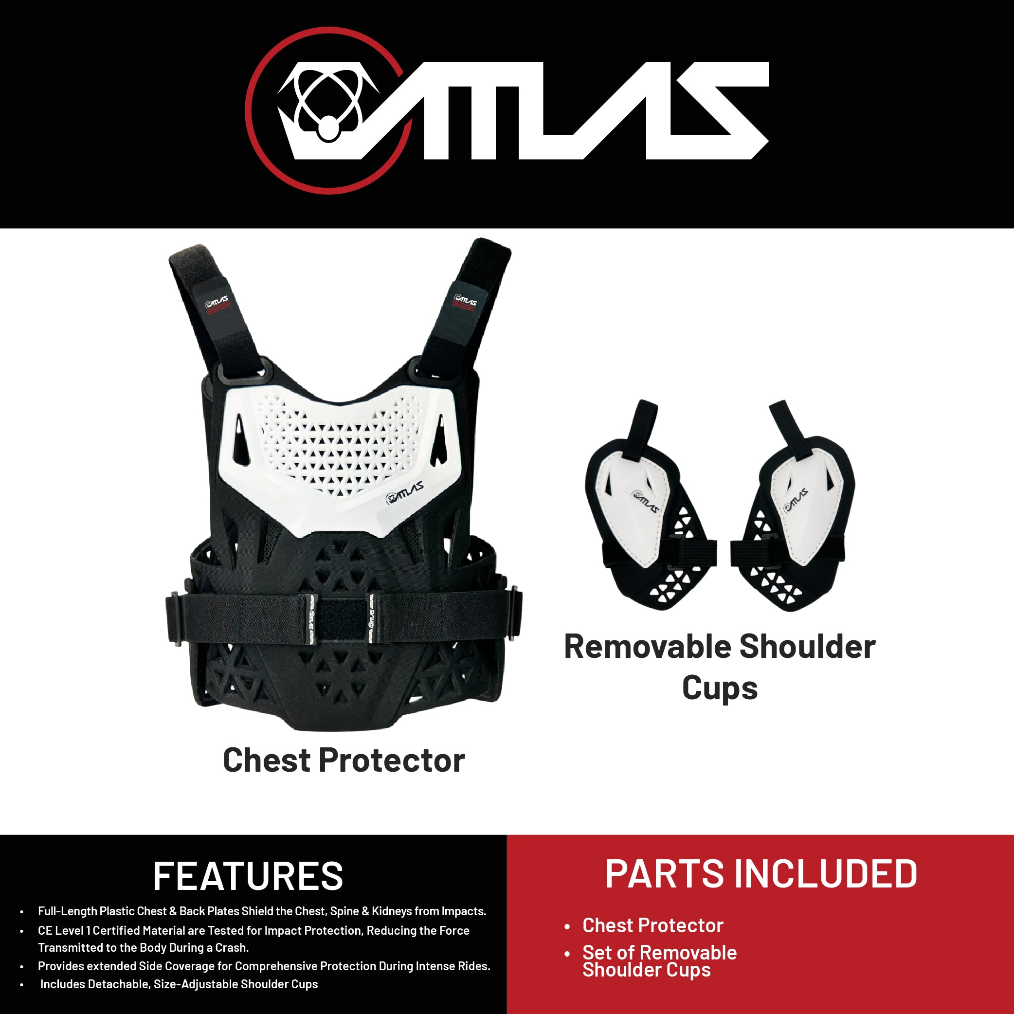 Atlas Charger PeeWee White A1021-00-000 Chest Protector w/ Shoulder Coverage Motocross – CE Level 1 Certified Protection Gear, Lightweight, Upper Body Armor for Youth BMX Riders