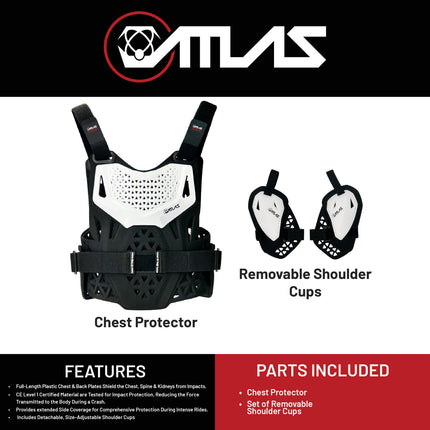 Atlas Charger PeeWee White A1021-00-000 Chest Protector w/ Shoulder Coverage Motocross – CE Level 1 Certified Protection Gear, Lightweight, Upper Body Armor for Youth BMX Riders
