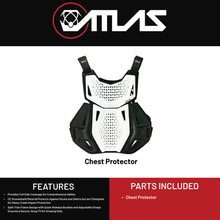 Atlas Charger Youth White Chest Protector (A1030-00-000)  CE Stoneshield Certified, Lightweight Youth Motocross & BMX Gear with Full Chest, Back, and Side Protection