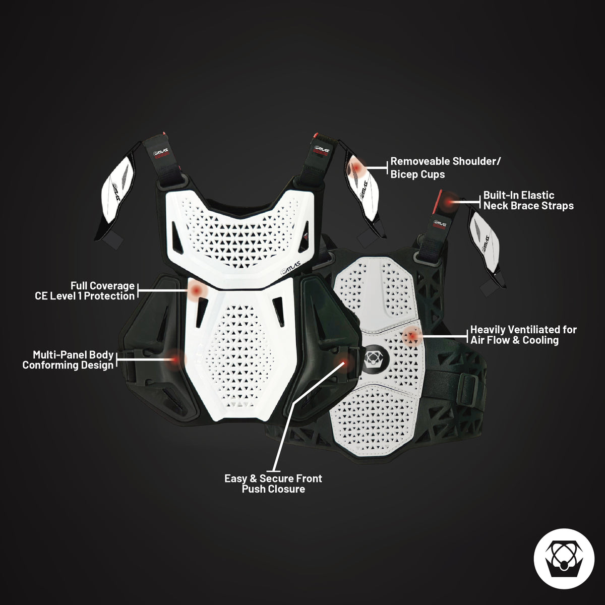 Atlas Charger Youth White Chest Protector ( A1041-00-000) with CE Level 1 Certified Pads and Shoulder Guards, Premium Youth Motocross Gear, Full Side Coverage
