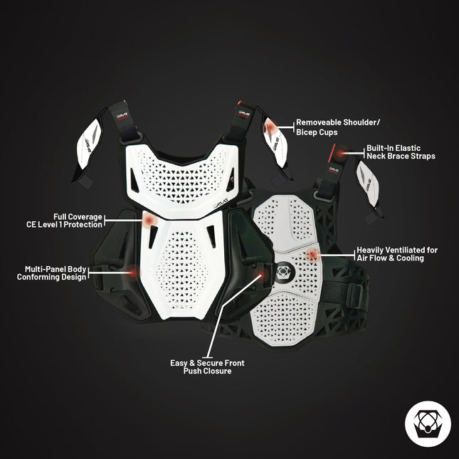 Atlas Charger Youth White Chest Protector ( A1041-00-000) with CE Level 1 Certified Pads and Shoulder Guards, Premium Youth Motocross Gear, Full Side Coverage
