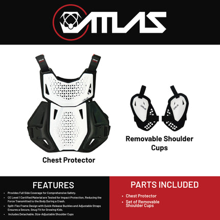 Atlas Charger Youth White Chest Protector ( A1041-00-000) with CE Level 1 Certified Pads and Shoulder Guards, Premium Youth Motocross Gear, Full Side Coverage