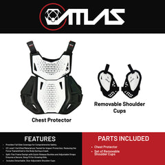 Atlas Charger Youth White Chest Protector ( A1041-00-000) with CE Level 1 Certified Pads and Shoulder Guards, Premium Youth Motocross Gear, Full Side Coverage