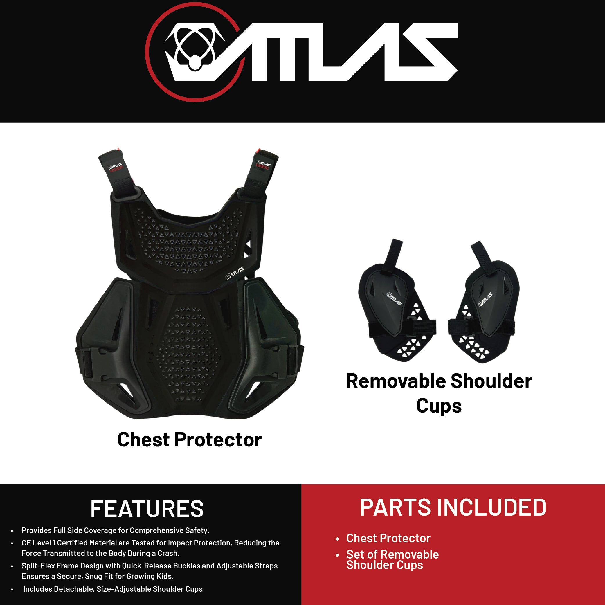 Atlas Charger Youth Black Chest Protector ( A1041-01-000) with CE Level 1 Pads and Shoulder Guards, Premium Youth Motocross Gear, Full Side Coverage
