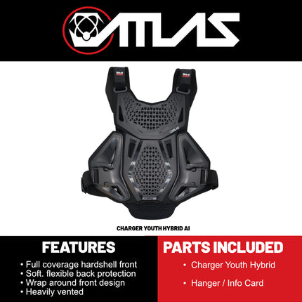 Atlas Charger Youth Hybrid Ai Chest & Back Protector - Black - Adapted Impact Ai Technology Roost Guard - CE level 1: EN 1621-3 level 1 chest / EN 1621-2 Level 1 back - Youth MX Off-Road Body Armor