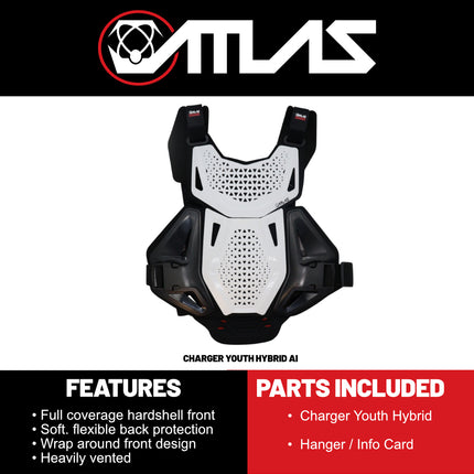 Atlas Charger Youth Hybrid Ai Chest & Back Protector - White - Adapted Impact Ai Technology Roost Guard - CE level 2: EN 1621-3 level 2 chest / EN 1621-2 Level 2 back - Youth MX Off-Road Body Armor